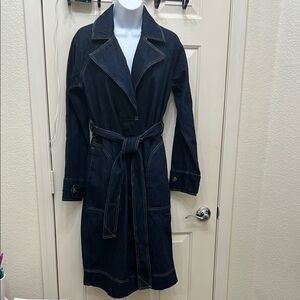 Free Assembly Blue Denim Gold Stitch Classic Trench Coat Belt Midi Long Sleeve